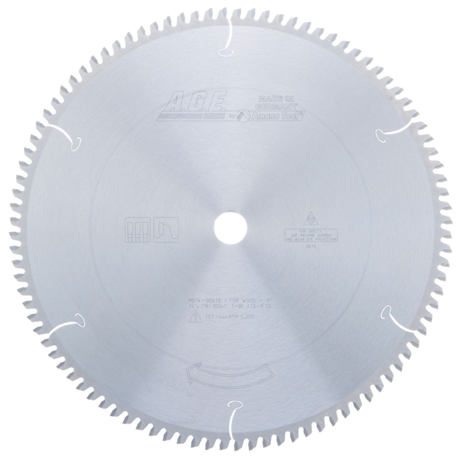 14" x 96T Carbide Tipped Thin Kerf Sliding Compound, Miter and Radial Arm Blade, Neg. 5 Deg., 1" Bore, ATB alt 0