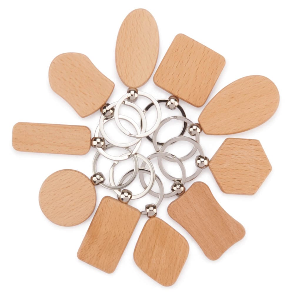 Engravable Mixed Shape Wooden Key Chains - 10 Piece