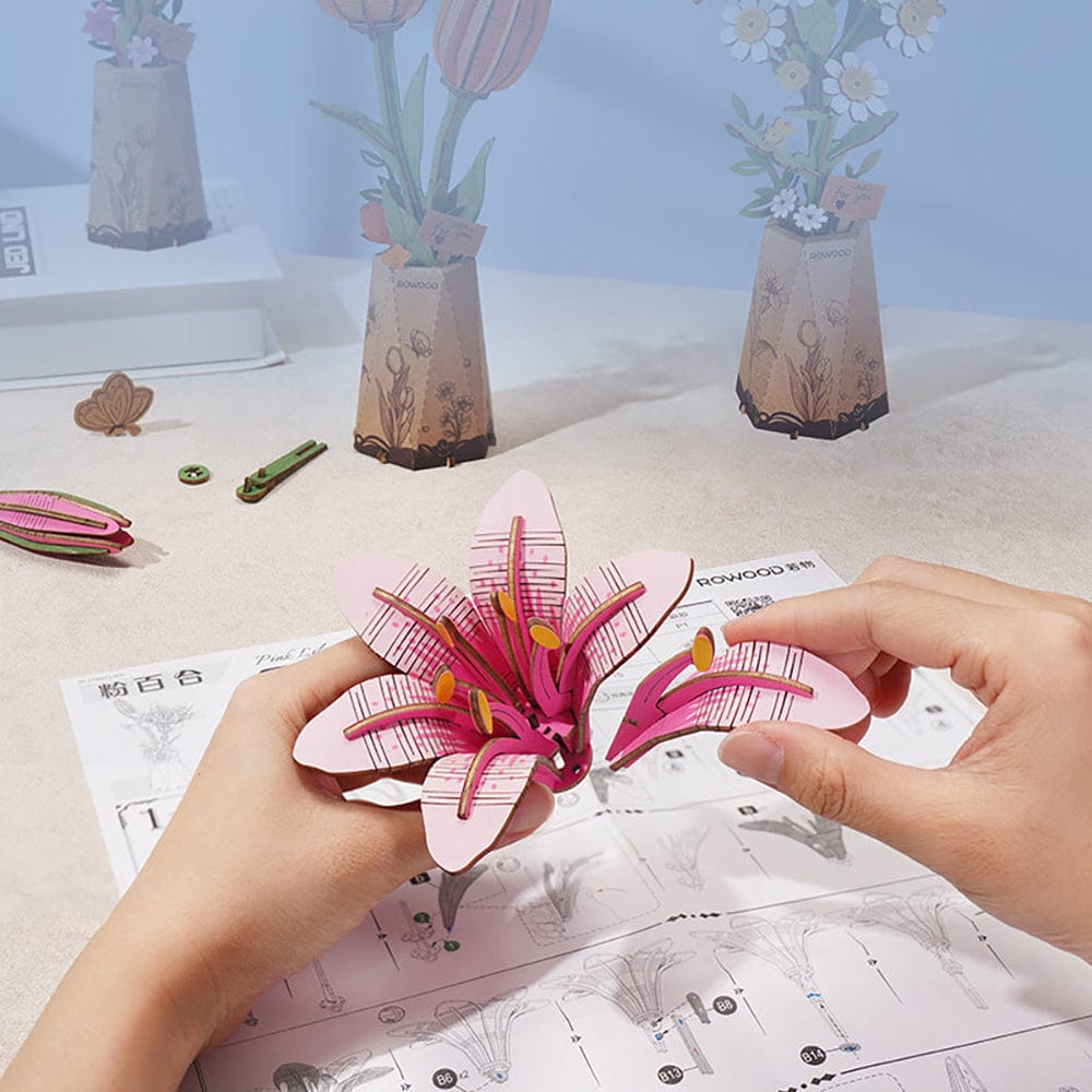Pink Lily 3D Wooden Flower Model Kit