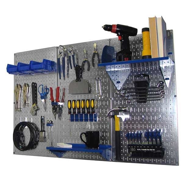 4' Metal Pegboard Standard Tool Storage Kit - Galvanized Metallic Toolboard & Blue Accessories alt 0