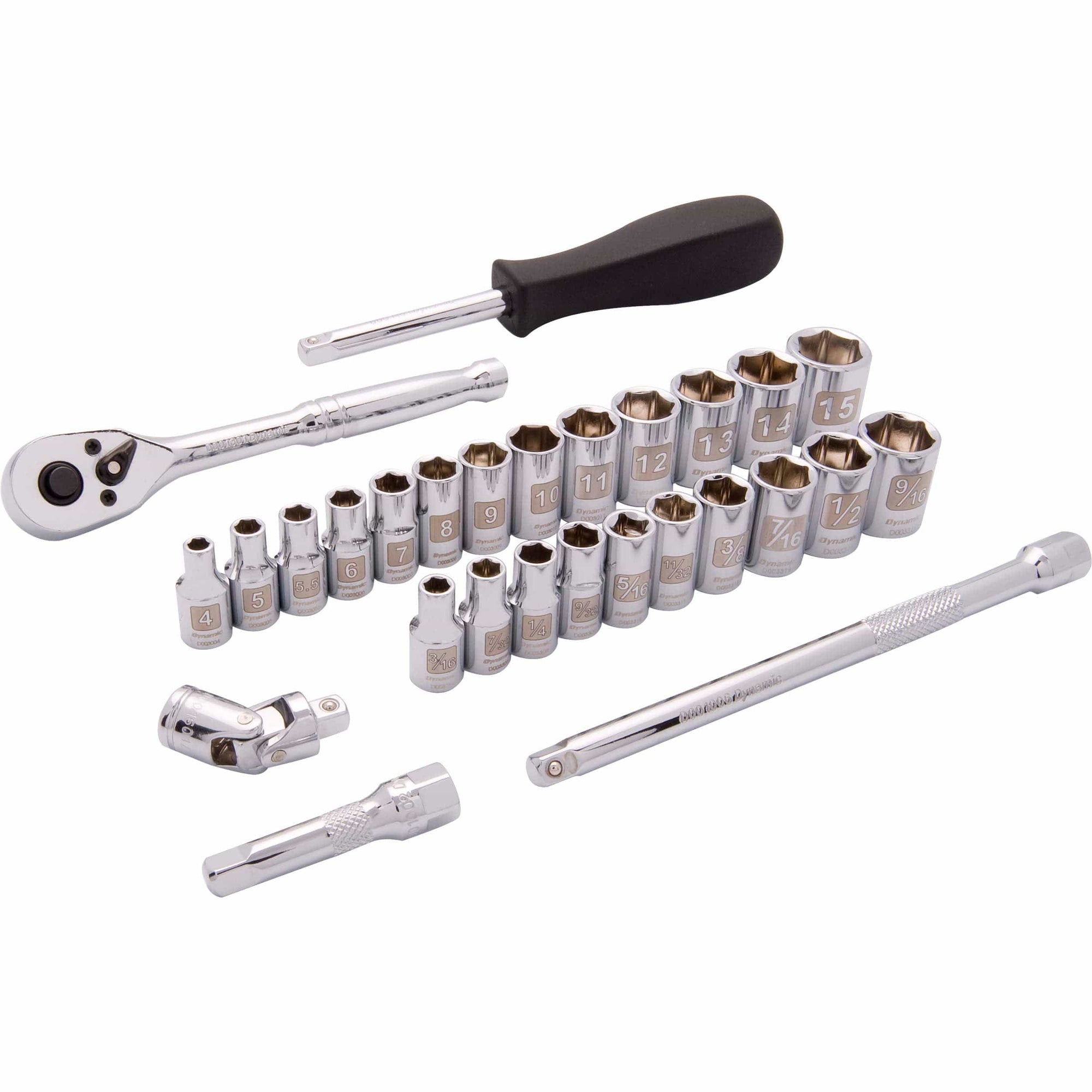 1/4" Drive 28pc 6-Point SAE/Metric Standard Socket Set, 3/16" - 9/16", 4mm - 15mm alt 0