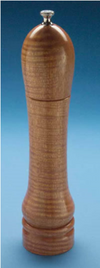 Hand-turned wooden peppermill with a polished finish and metal grinding knob