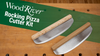 Two rocking pizza cutter blades with wooden handles on a woodworking bench with WoodRiver branding.