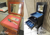 Before and after woodworking refinishing showing a wooden box with a mirror, red flocked interior replaced by black