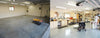 Before and after photos showing an empty garage transformed into a well-organized woodworking workshop with tools and dust