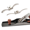 Metal hand plane with adjustable blade and two spokeshaves with curved handles for shaping wood edges