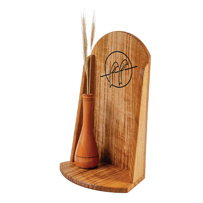 Display shelf featuring a curved back, epoxy inlay, and a wooden vase with decorative grass.