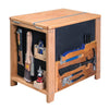 Compact wooden tool chest with hand saw, paintbrush, hammer, clamp, and pliers organized on sides