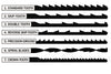 Diagram showing seven types of scroll saw blades: standard tooth, skip-tooth, double tooth, reverse skip-tooth,