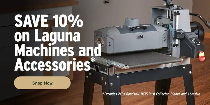 Laguna machine on a stand with promotional text for savings on machines and accessories.