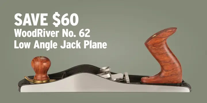 WoodRiver No. 62 Low Angle Jack Plane with promotional text on a gray background