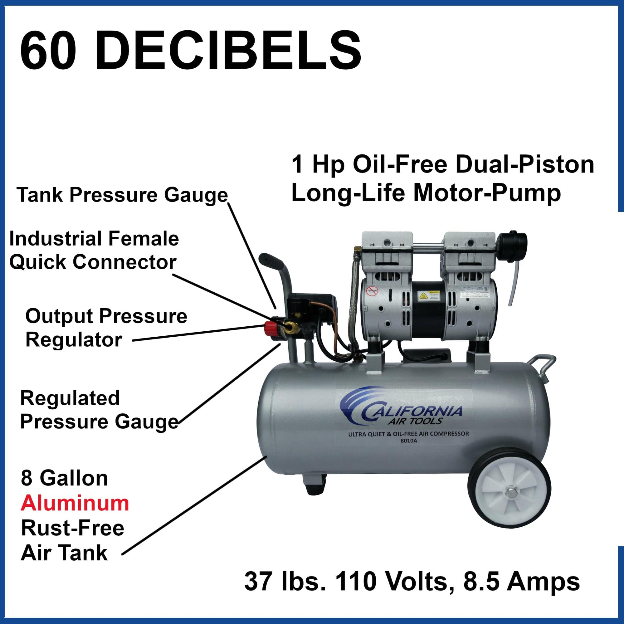 1HP 8 Gallon Oil-Free Aluminum Tank Air Compressor alt 0