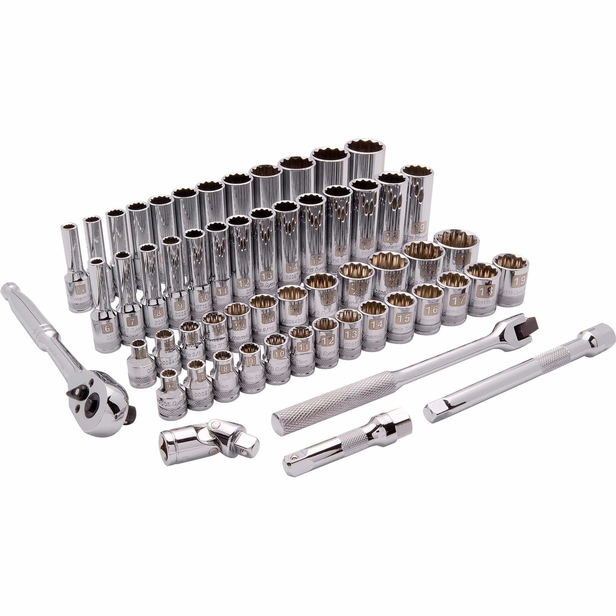 3/8" Drive 57pc 12-Point Standard/Deep SAE/Metric Socket Set, 1/4" - 1", 6mm - 19mm alt 0