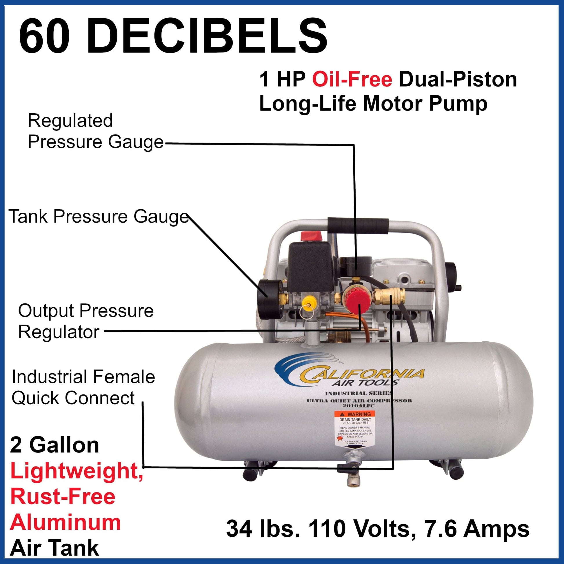 1HP 2 Gallon Oil-Free Aluminum Tank Air Compressor alt 0