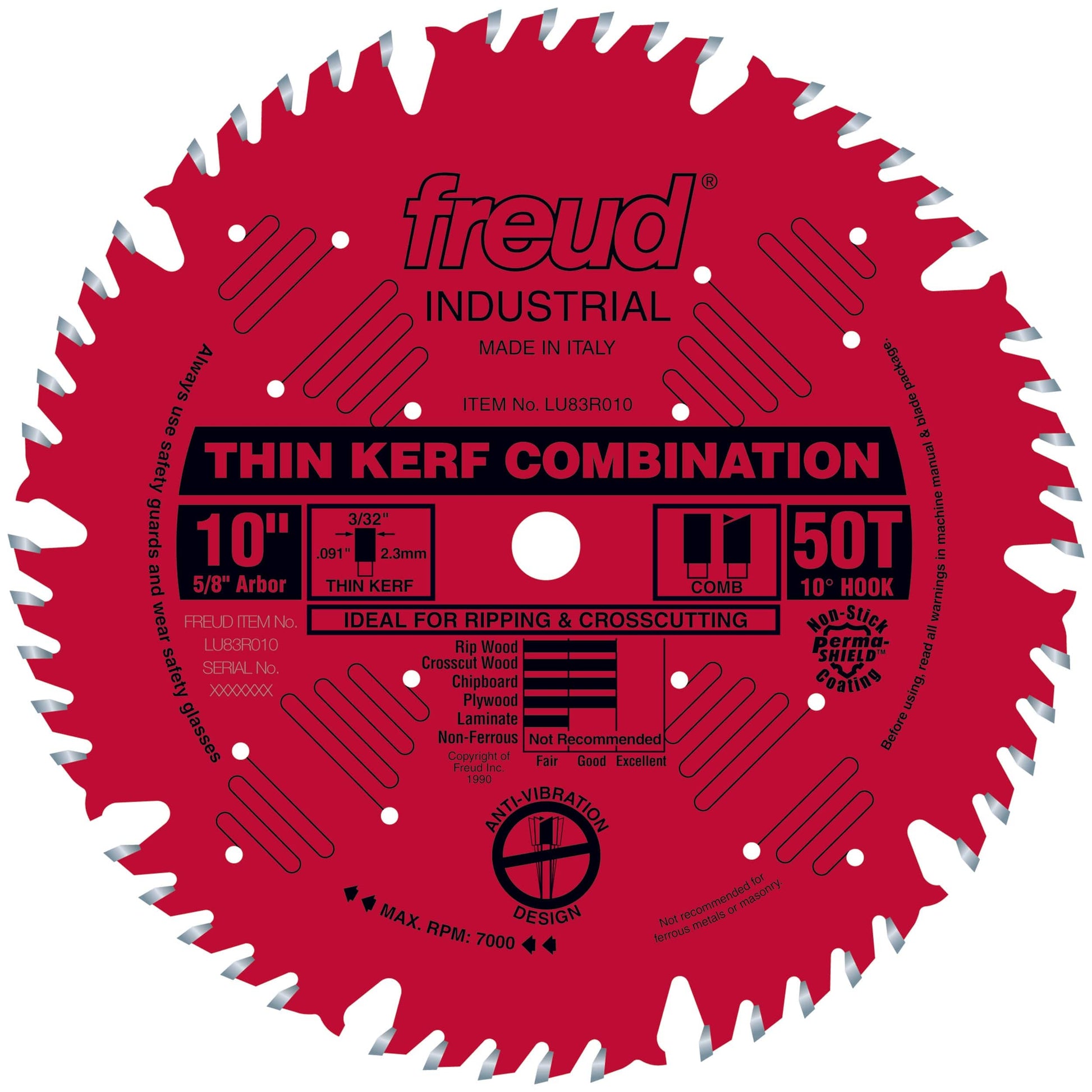 LU83R010 Finish Red Circular Saw Blade 10" x 5/8" Bore x 50 Tooth Combination Thin Kerf alt 0